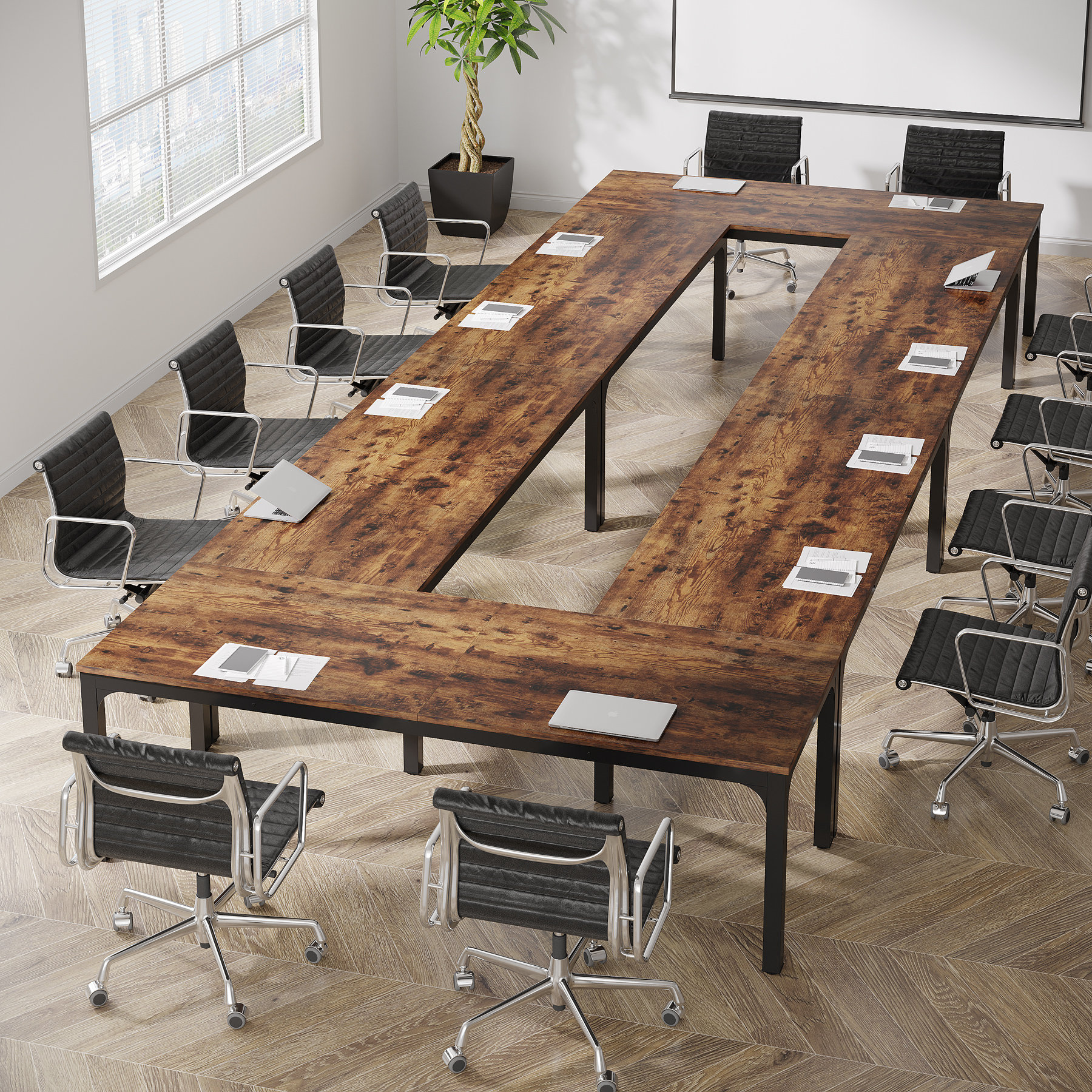 Tellaro 13ft Conference Table Meeting Tables with Engineered Wood and Metal Legs Set of 2 Inbox Zero Base Finish Black Top Finish Brown